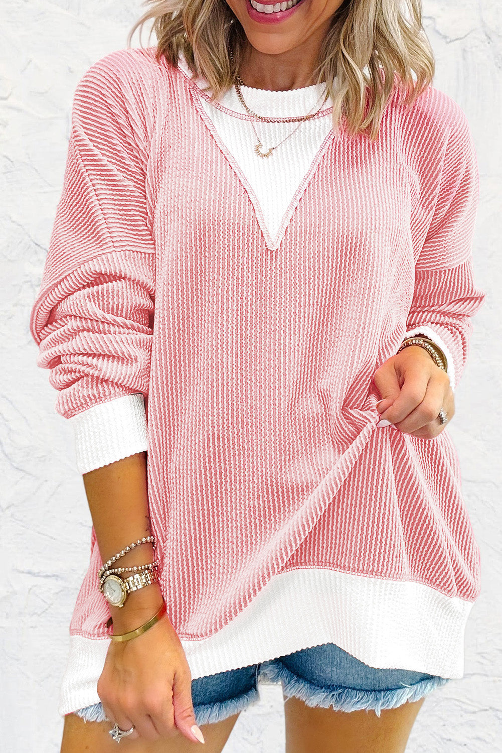 Peach Blossom Corded Colorblock Drop Shoulder Loose Top-Long Sleeve Tops-[Adult]-[Female]-Peach Blossom-S-2022 Online Blue Zone Planet