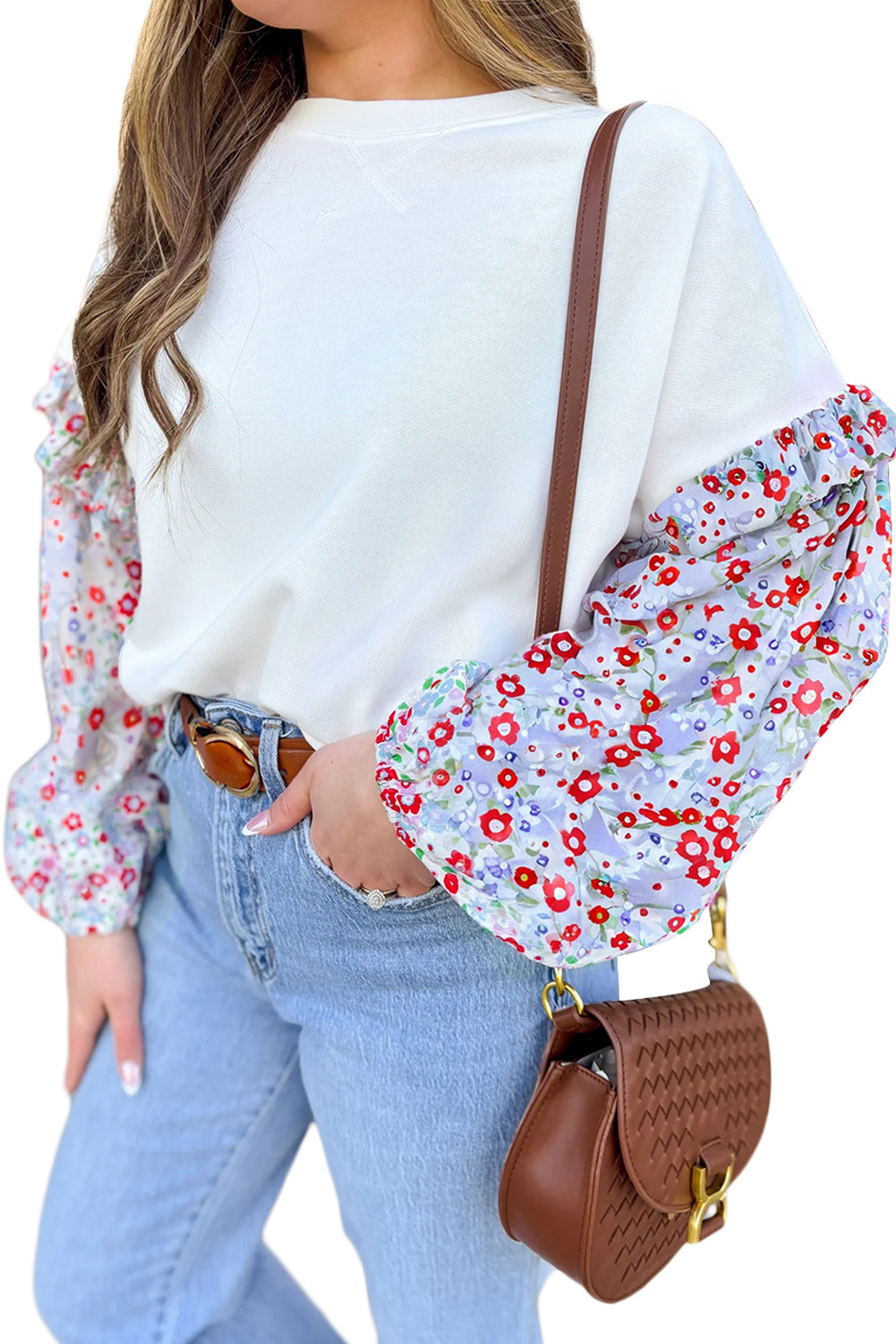 White Floral Ruffled Balloon Sleeve Patchwork Loose Blouse-Tops/Blouses & Shirts-[Adult]-[Female]-2022 Online Blue Zone Planet