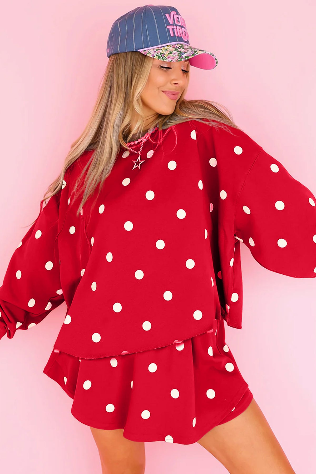 Red Polka Dot Raw Hem Relaxed Pullover Loose Skort Two Piece Set-Two Piece Sets/Two Piece Dresses-[Adult]-[Female]-2022 Online Blue Zone Planet