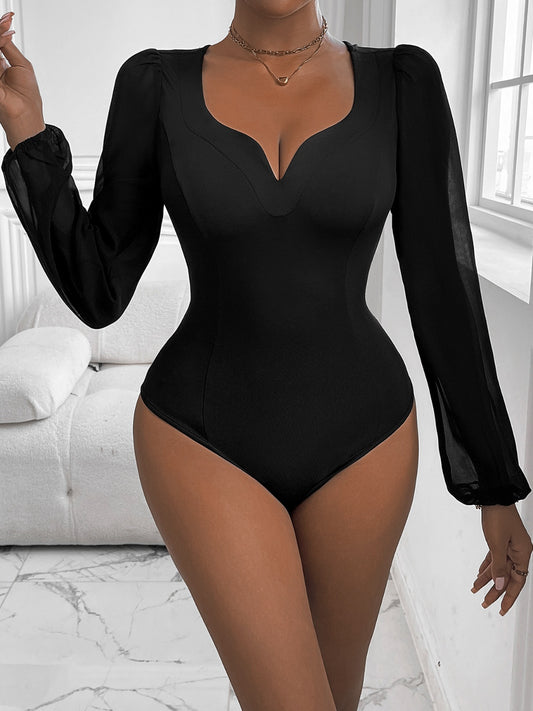 Perfee Sweetheart Neck Long Sleeve Bodysuit-TOPS / DRESSES-[Adult]-[Female]-Black-S-2022 Online Blue Zone Planet