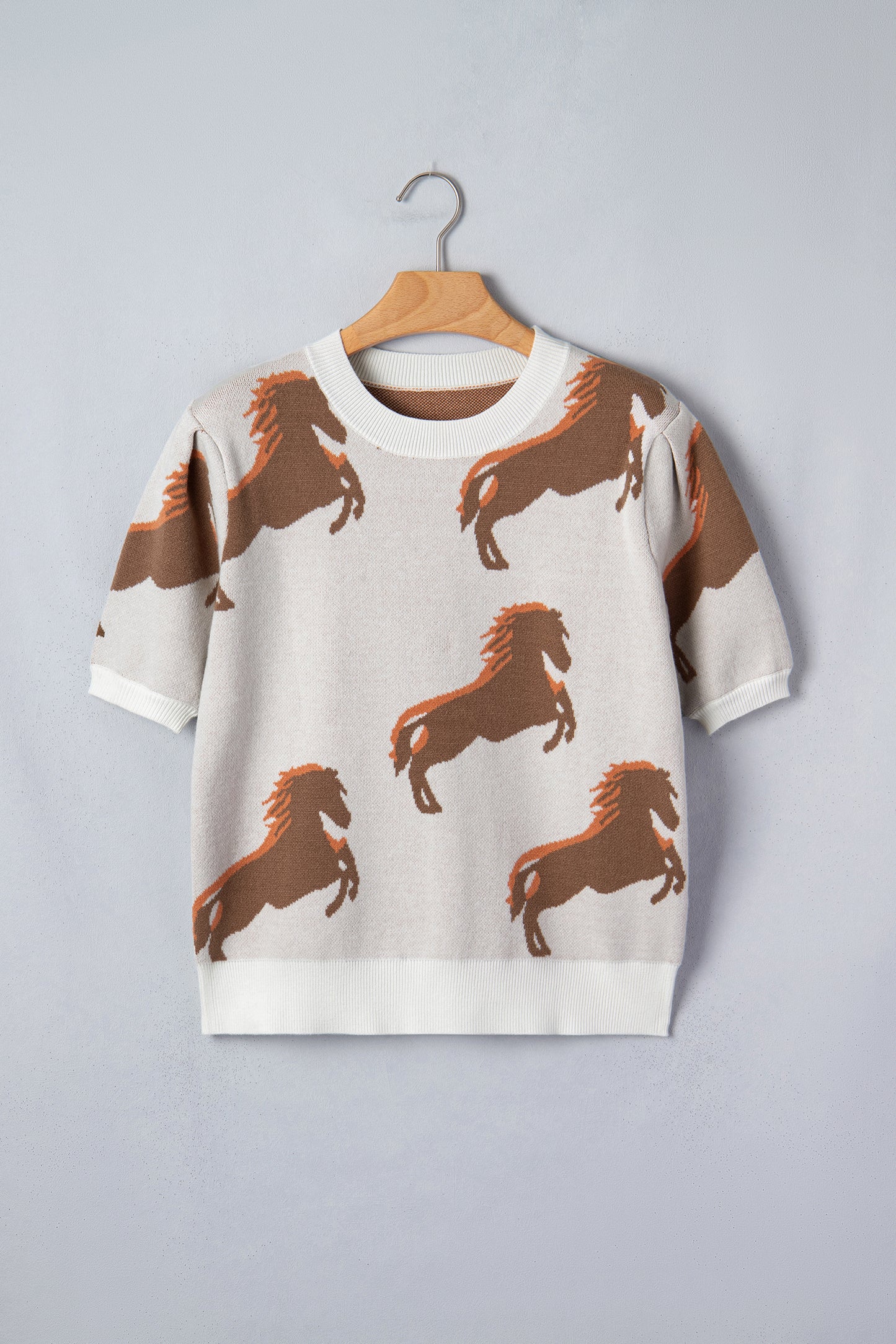 White Western Horse Printed Short Puff Sleeve Sweater-Sweaters & Cardigans/Short Sleeve Sweaters-[Adult]-[Female]-2022 Online Blue Zone Planet