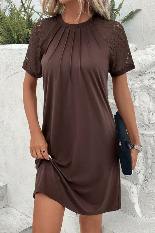 Dark Brown Contrast Lace Raglan Sleeve Pleated Detail Shift Dress-TOPS / DRESSES-[Adult]-[Female]-Dark Brown-S-2022 Online Blue Zone Planet