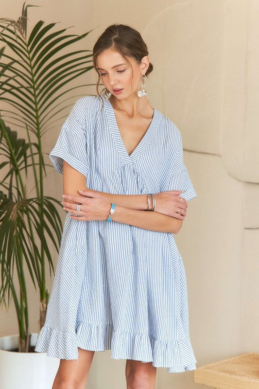 ADORA Ruffled Hem Striped V-Neck Babydoll Dress-TOPS / DRESSES-[Adult]-[Female]-2022 Online Blue Zone Planet