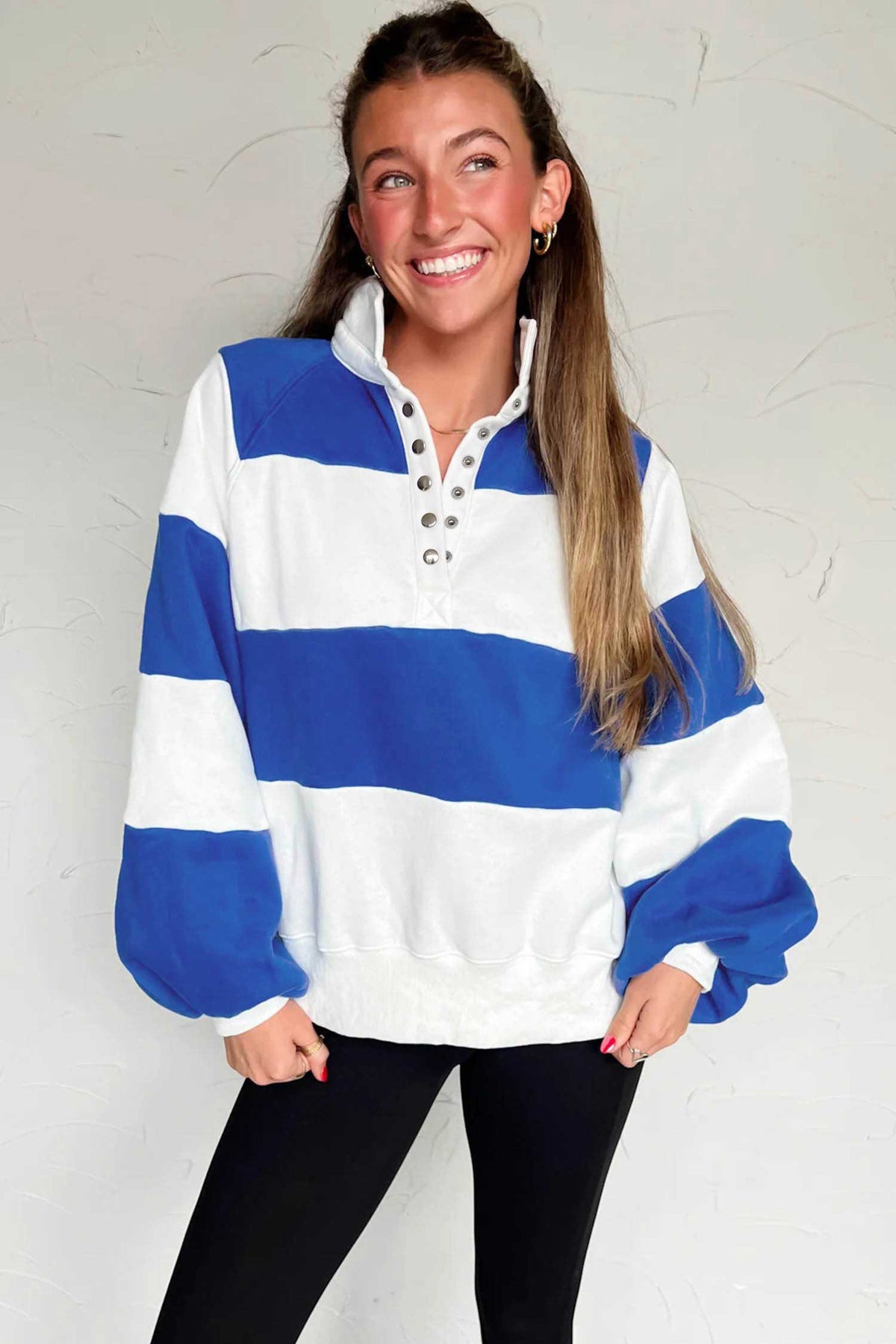 Dark Blue Striped Color Block Button V Neck Puff Sleeve Casual Sweatshirt-Tops/Sweatshirts & Hoodies-[Adult]-[Female]-2022 Online Blue Zone Planet