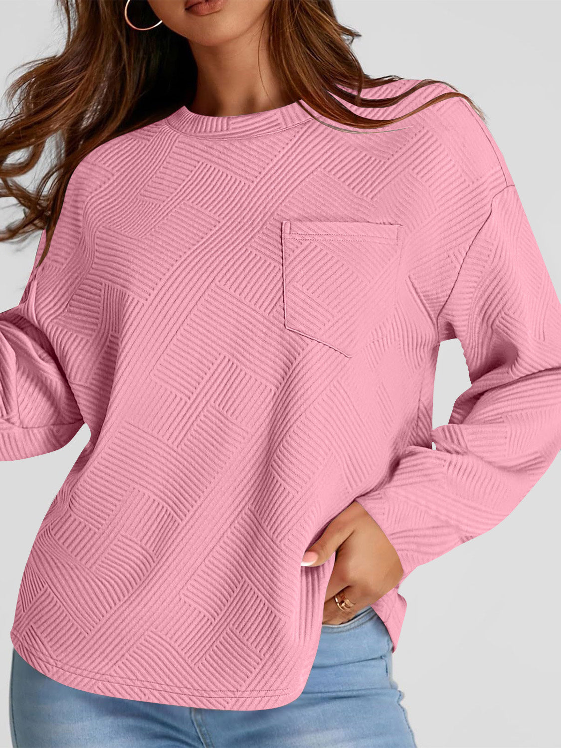 Full Size Texture Round Neck Long Sleeve Sweatshirt-TOPS / DRESSES-[Adult]-[Female]-2022 Online Blue Zone Planet