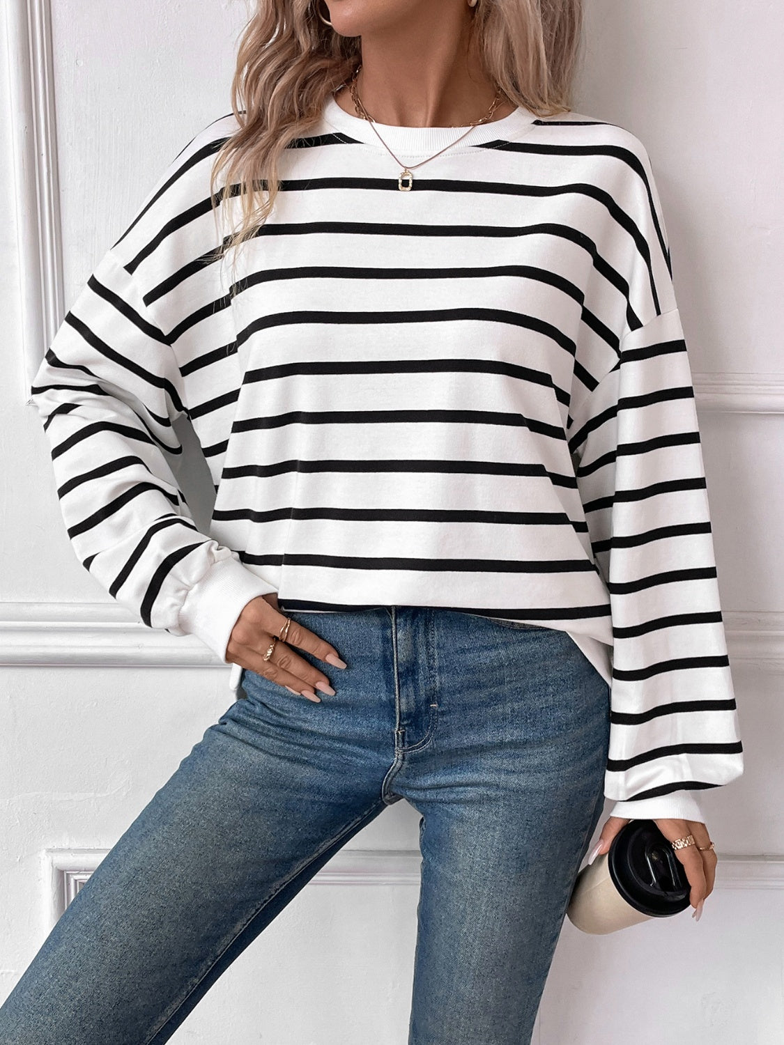 Blue Zone Planet | Lovelet Striped Round Neck Long Sleeve Sweatshirt-TOPS / DRESSES-[Adult]-[Female]-2022 Online Blue Zone Planet