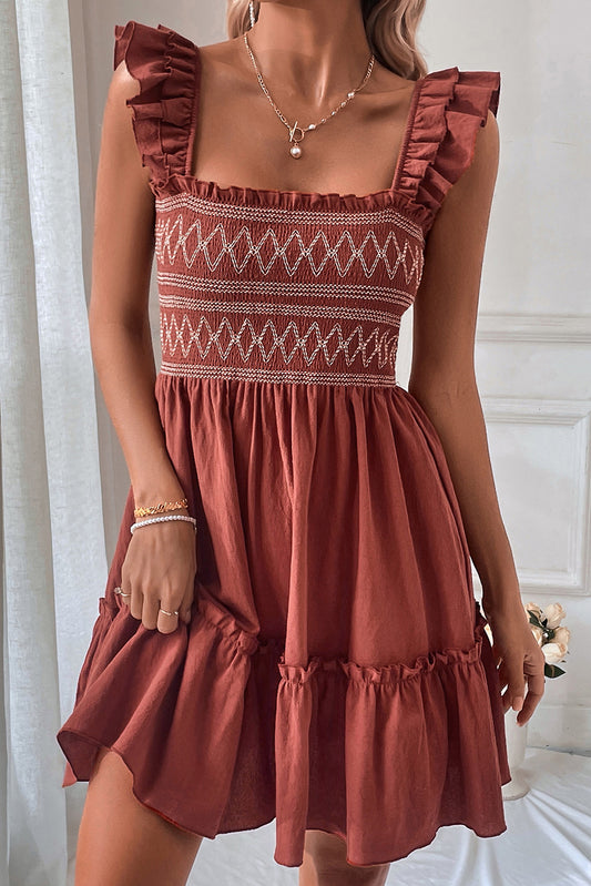 Red Sandalwood Geometric Stitch Shirred Bodice Ruffled Trim Sleeveless Mini Dress-TOPS / DRESSES-[Adult]-[Female]-Red Sandalwood-S-2022 Online Blue Zone Planet