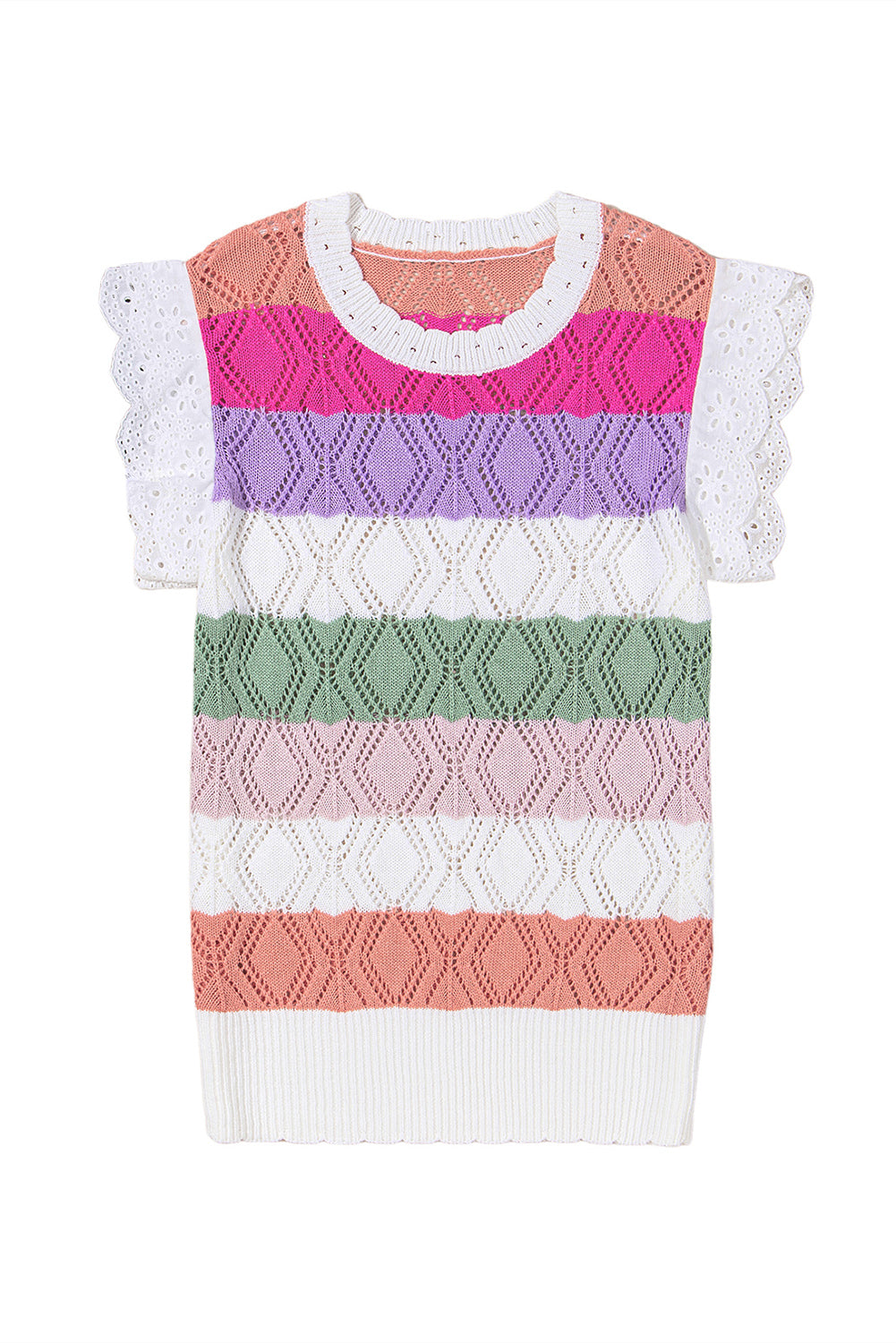 Rose Stripe Colorblock Hollowed Knit Scallop Edge Sweater Vest-Sweaters & Cardigans/Sweater Vests-[Adult]-[Female]-2022 Online Blue Zone Planet