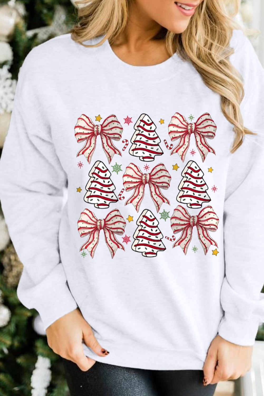 Blue Zone Planet | White Christmas Tree Bowknot Heat Transfer Graphic Sweatshirt-Graphic Sweatshirts-[Adult]-[Female]-White-S-2022 Online Blue Zone Planet