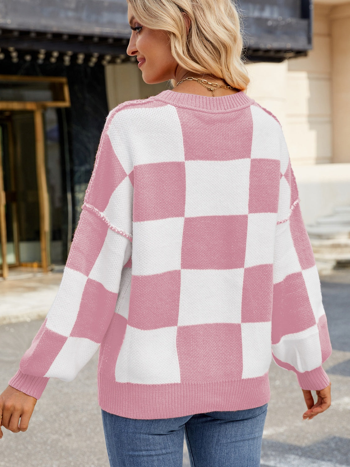 Checkered Round Neck Long Sleeve Sweater-TOPS / DRESSES-[Adult]-[Female]-Blush Pink-S-2022 Online Blue Zone Planet