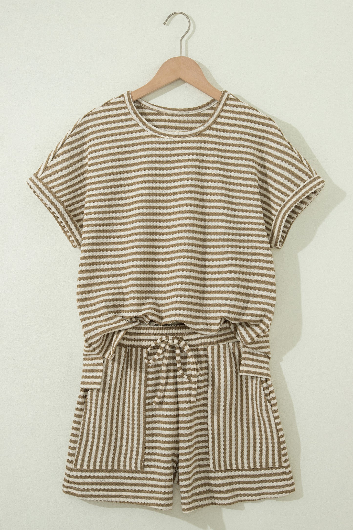 Brown Stripe Breathable Textured Knit Short 2pcs Set-Two Piece Sets/Short Sets-[Adult]-[Female]-2022 Online Blue Zone Planet