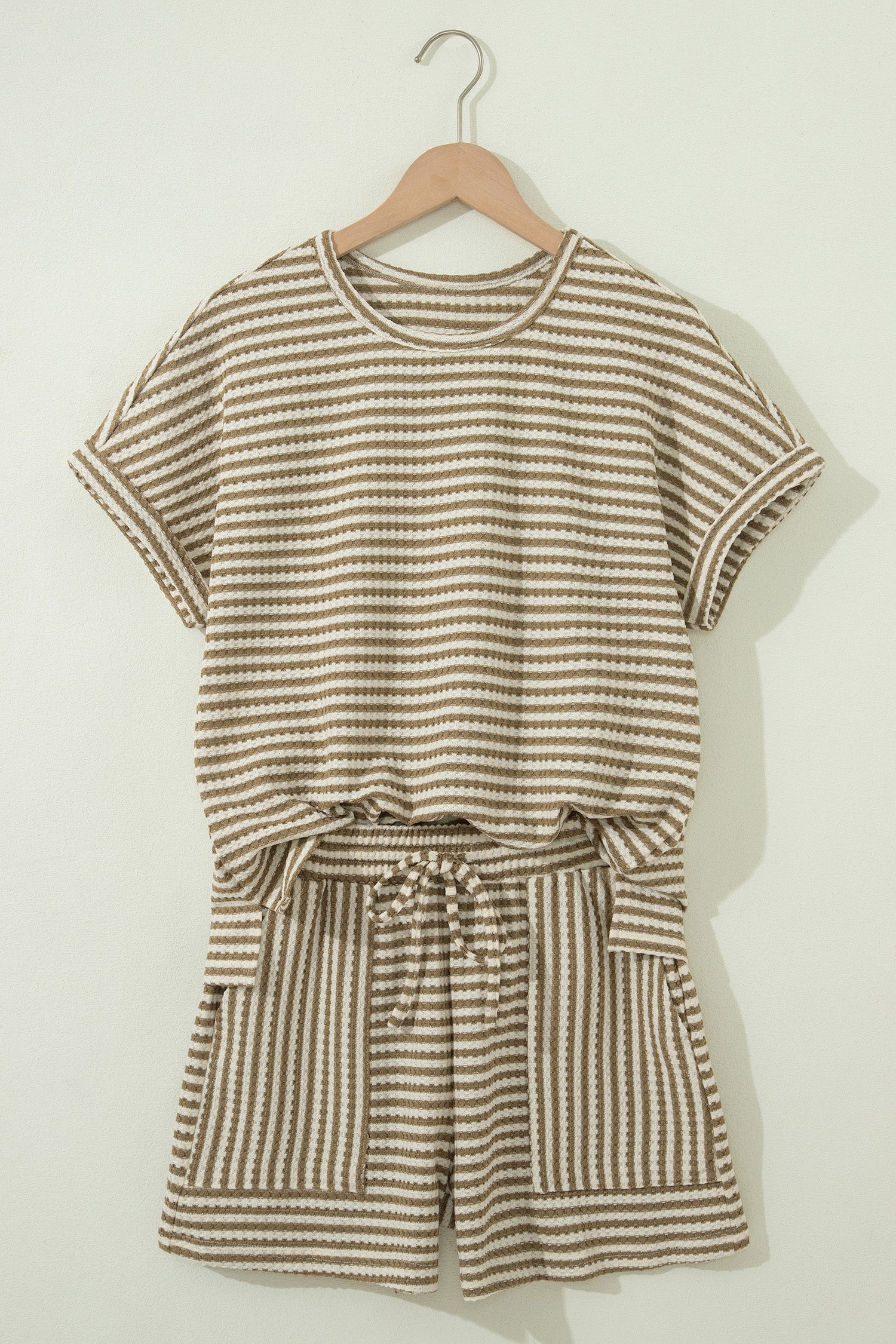 Brown Stripe Breathable Textured Knit Short 2pcs Set-Two Piece Sets/Short Sets-[Adult]-[Female]-2022 Online Blue Zone Planet