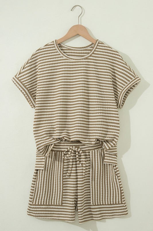 Brown Stripe Breathable Textured Knit Short 2pcs Set-Two Piece Sets/Short Sets-[Adult]-[Female]-2022 Online Blue Zone Planet