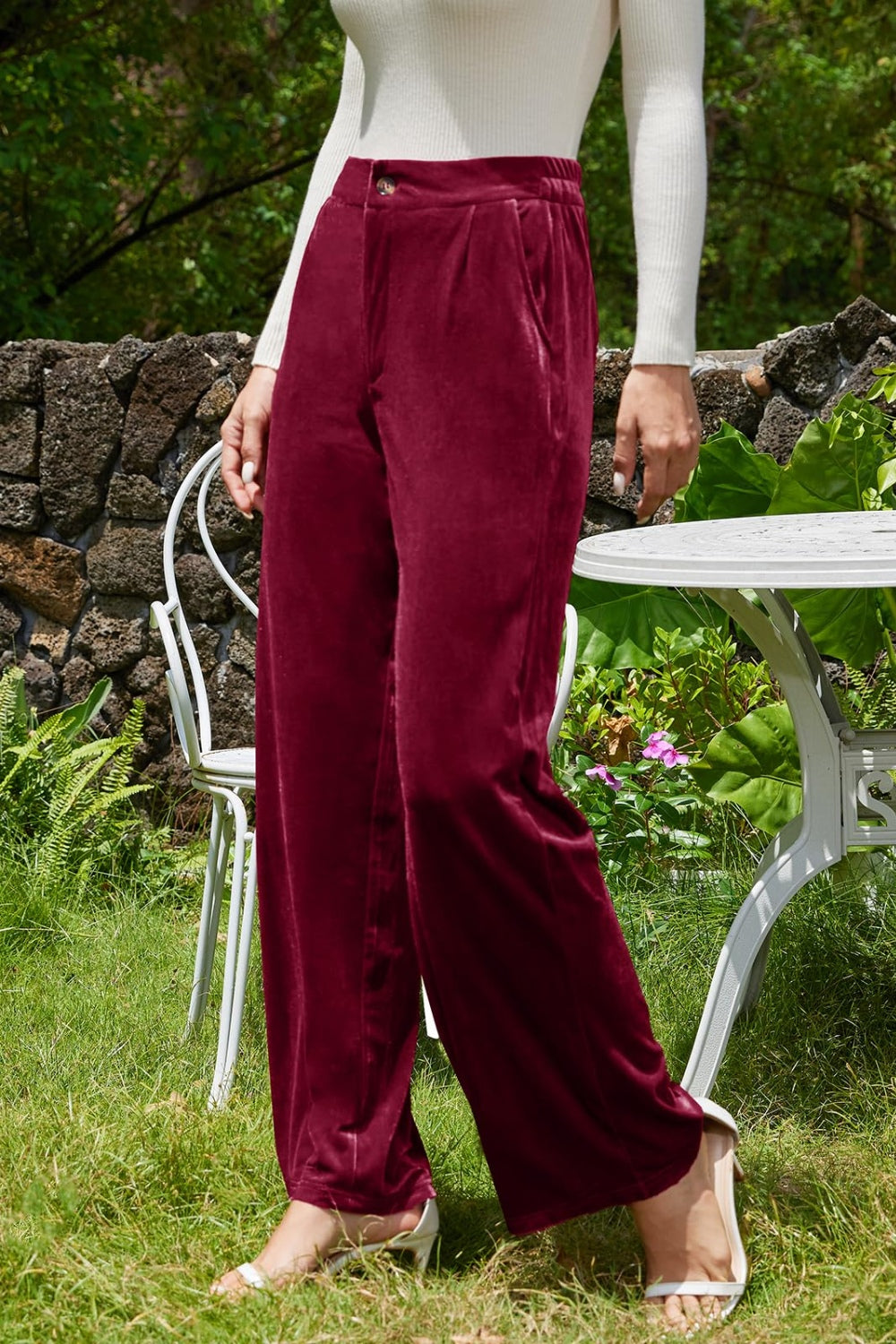 Velvet Wide Leg Pants with Pockets-BOTTOMS SIZES SMALL MEDIUM LARGE-[Adult]-[Female]-2022 Online Blue Zone Planet