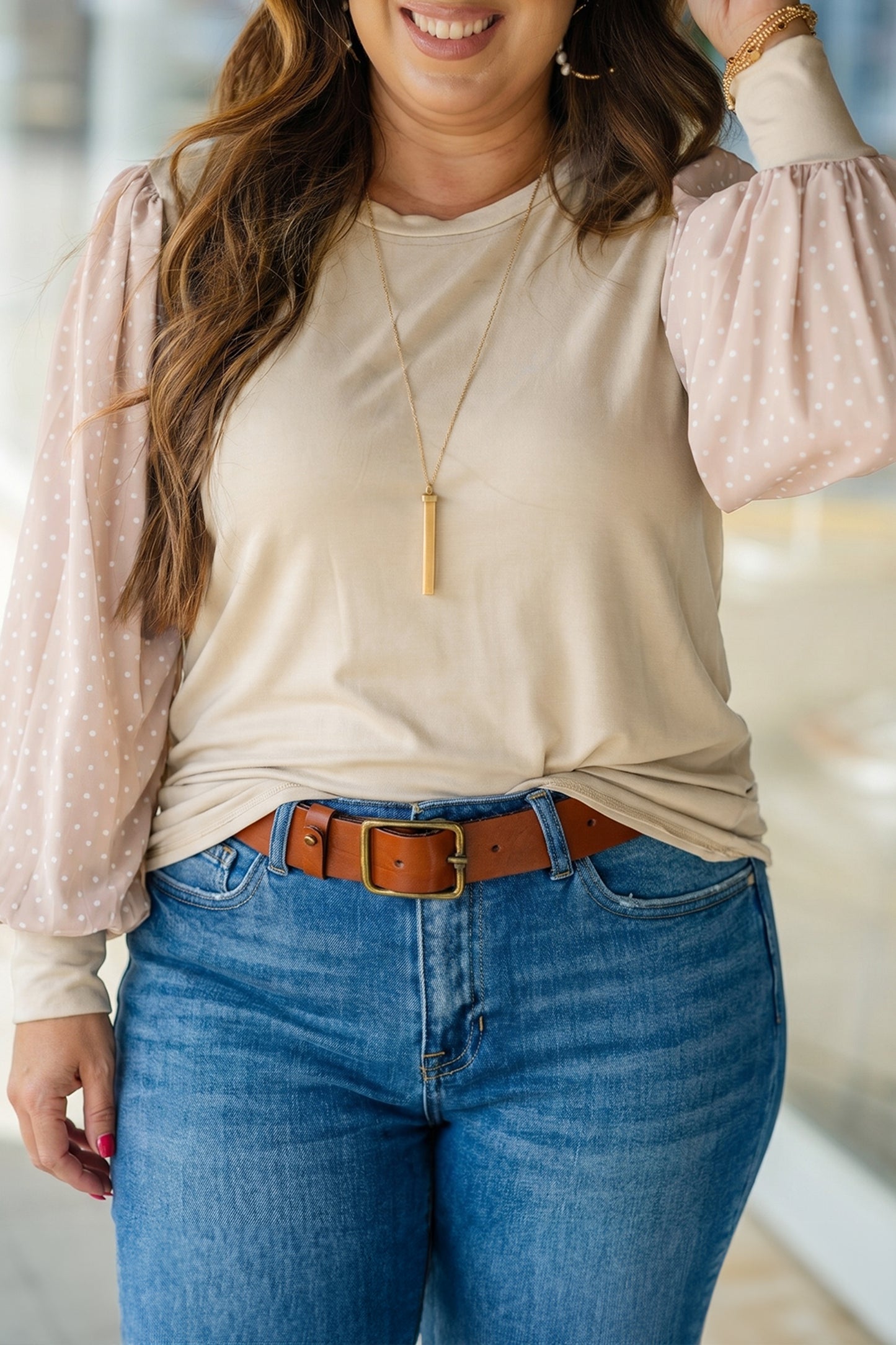 Parchment Polka Dot Long Sleeve Round Neck Plus Size Blouse-Plus Size/Plus Size Tops/Plus Size Long Sleeve Tops-[Adult]-[Female]-2022 Online Blue Zone Planet
