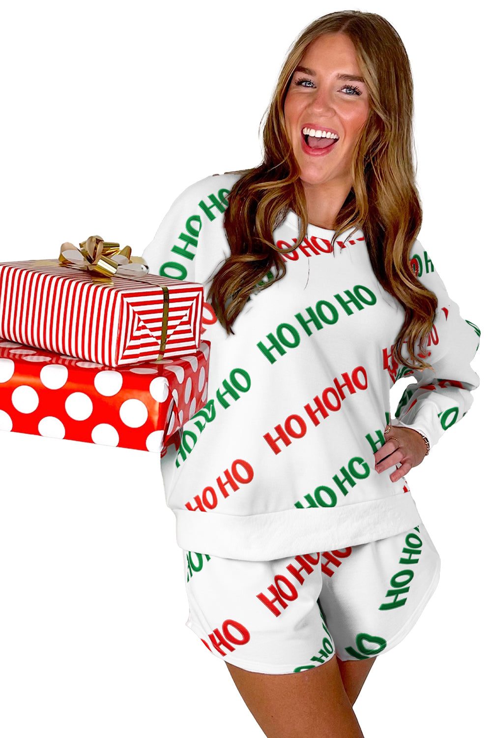 Blue Zone Planet | White Christmas HO HO HO Print Drop Shoulder Pullover and Shorts Set-Two Piece Shorts Sets-[Adult]-[Female]-2022 Online Blue Zone Planet