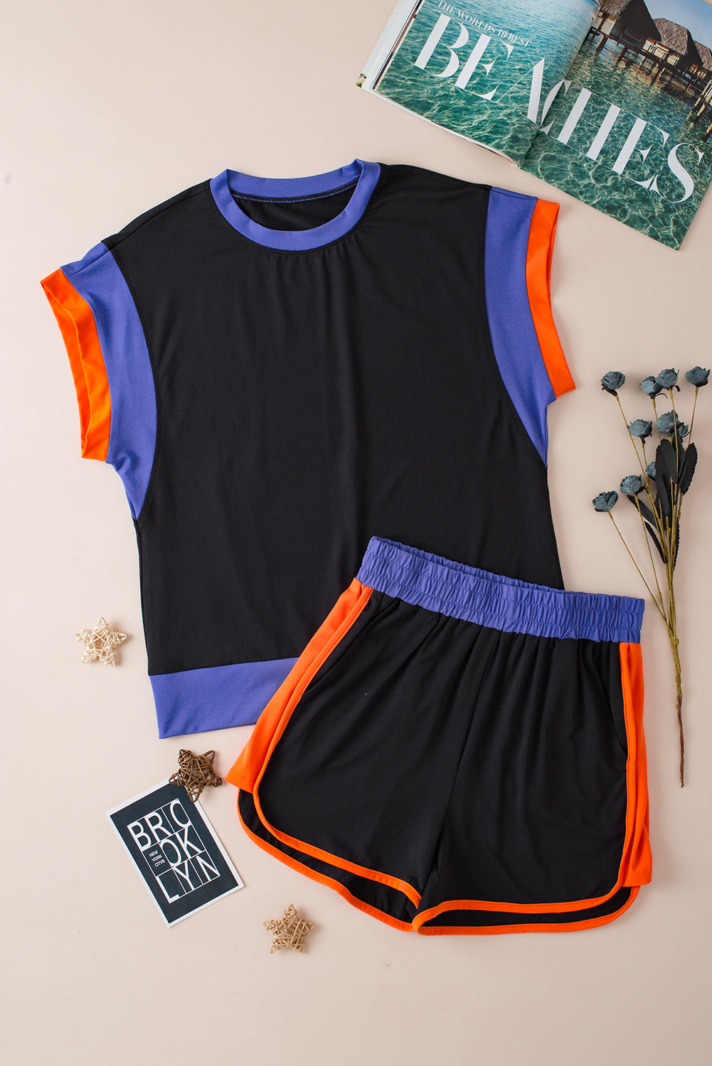 Blue Contrast Trim Cap Sleeve Tee Shorts Set-Two Piece Sets/Short Sets-[Adult]-[Female]-2022 Online Blue Zone Planet