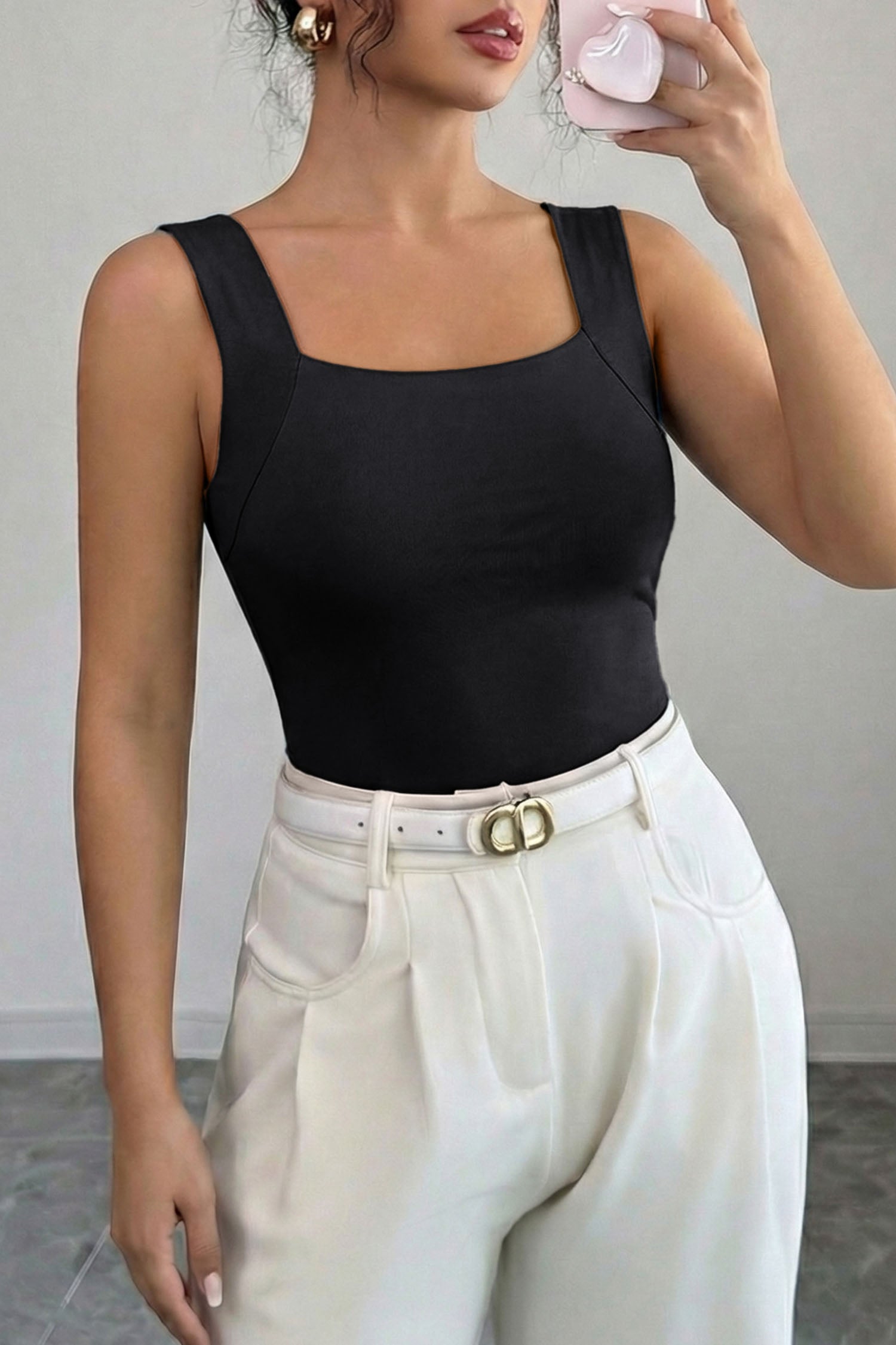 Black Solid Color Wide Strap Splicing Athleisure Tank Top-Tops/Tank Tops-[Adult]-[Female]-2022 Online Blue Zone Planet