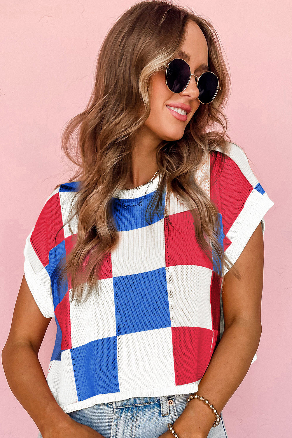 Tillandsia Purple Checkered Color Block Cap Sleeve Mardi Gras Knitted Top-Knit Tops-[Adult]-[Female]-2022 Online Blue Zone Planet