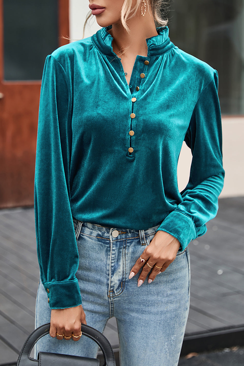 Burgundy Frilled Neck Buttoned Front Velvet Top-Tops/Blouses & Shirts-[Adult]-[Female]-Green-S-2022 Online Blue Zone Planet