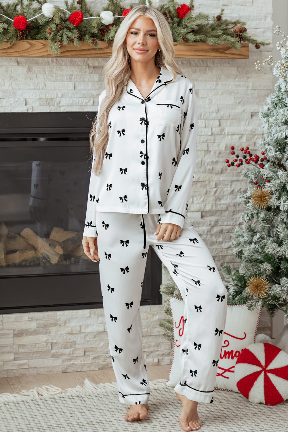 White Bows Print Two Piece Sleepwear-Loungewear & Sleepwear/Sleepwear-[Adult]-[Female]-2022 Online Blue Zone Planet