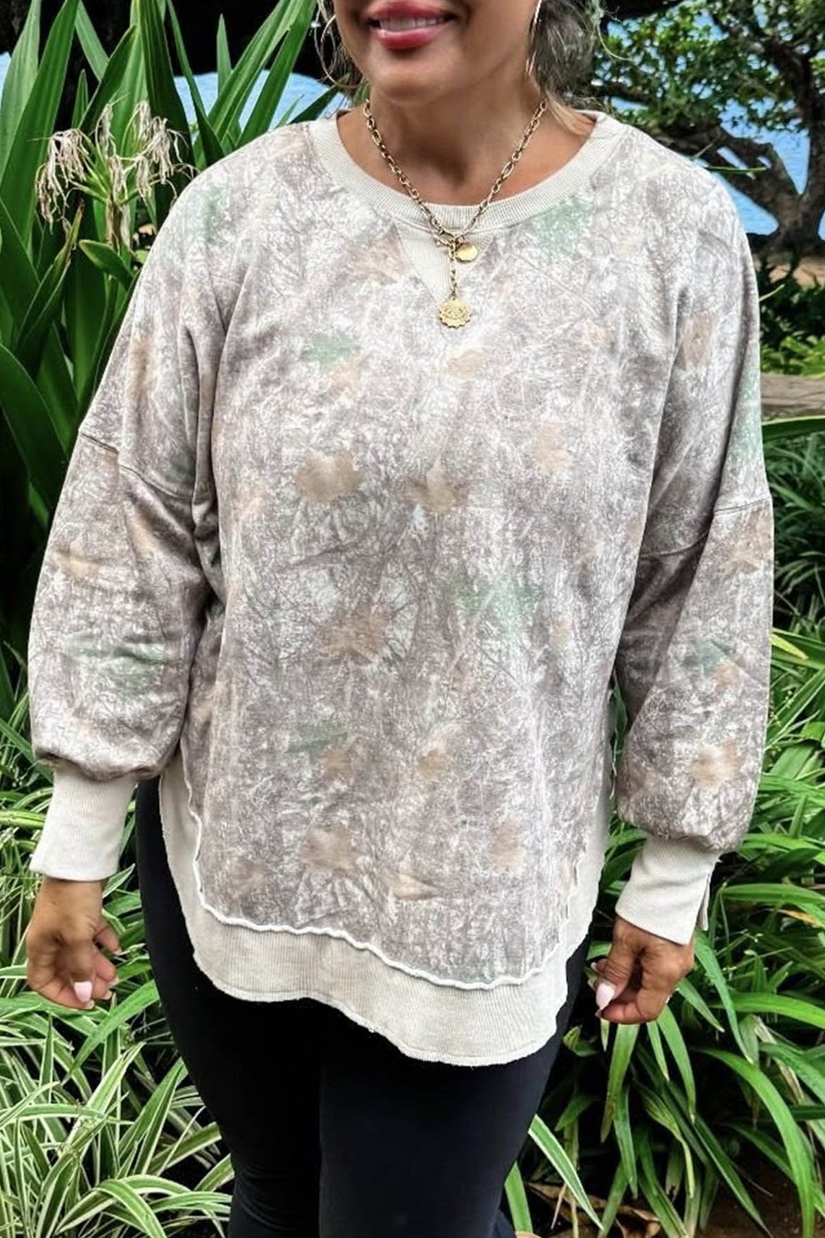 Khaki Camouflage Print Round Neck Long Sleeve Shift Plus Size Sweatshirt-Plus Size/Plus Size Sweatshirts & Hoodies-[Adult]-[Female]-2022 Online Blue Zone Planet