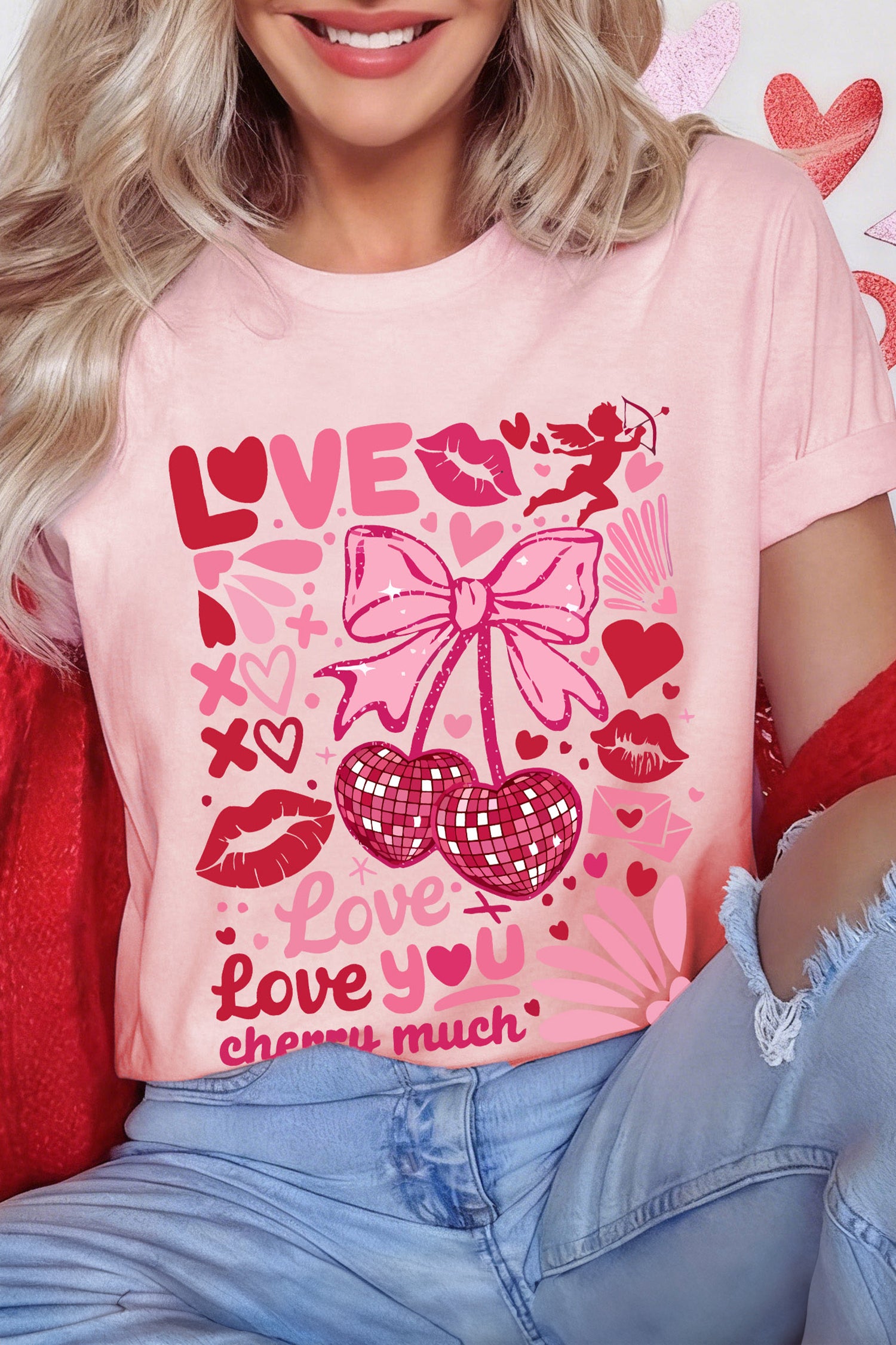 Pink Love You Cherry Much Valentines Day Graphic Tee-Graphic Tees-[Adult]-[Female]-Pink-2XL-2022 Online Blue Zone Planet