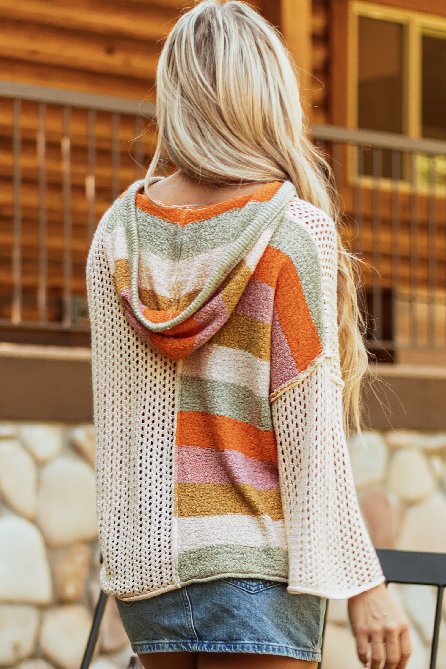 Blue Zone Planet | Beige Oversized Colorblock V Neck Hooded Sweater-Tops / Dresses-[Adult]-[Female]-2022 Online Blue Zone Planet