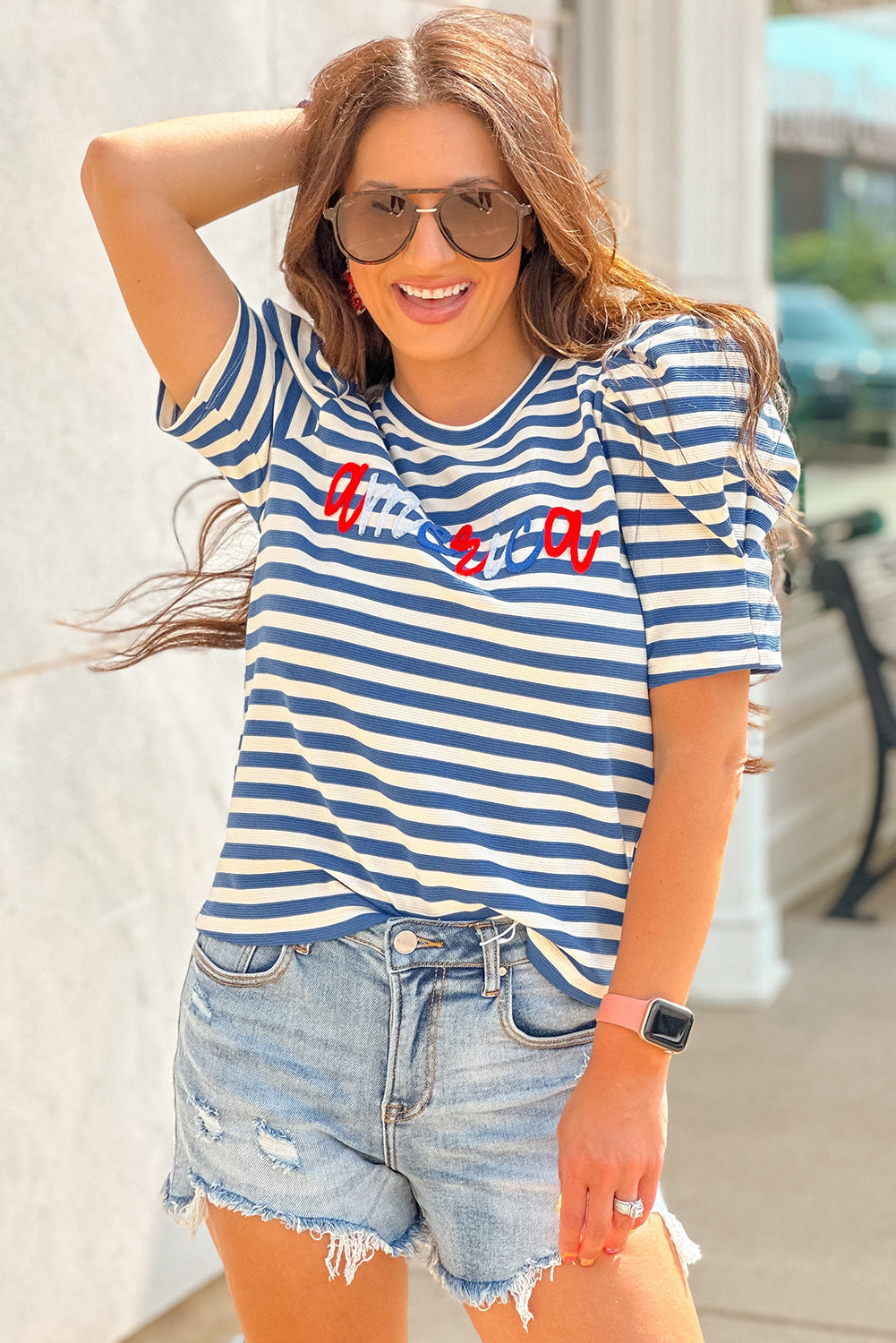 Blue Stripe America Cursive Graphic Puff Sleeve T-shirt-Tops/Tops & Tees-[Adult]-[Female]-2022 Online Blue Zone Planet