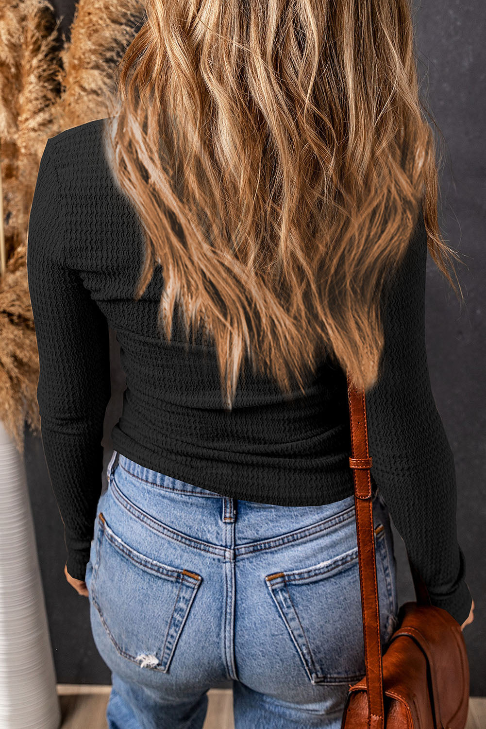 Orange Textured Twist Front V Neck Long Sleeve Slim Solid Color Top-Tops/Long Sleeve Tops-[Adult]-[Female]-2022 Online Blue Zone Planet