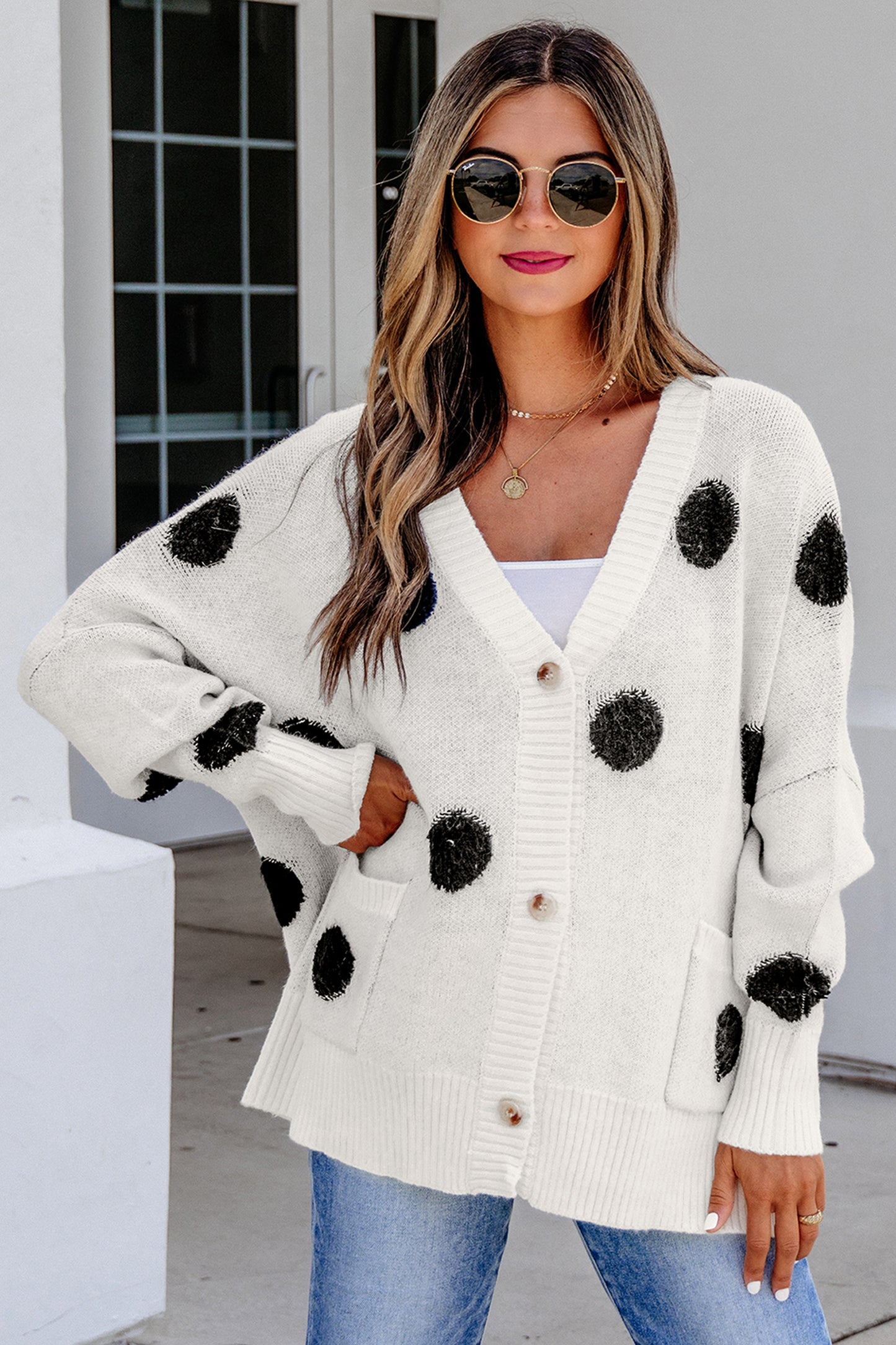 Beige Polka Dot Button Front Oversized V Neck Cardigan-Sweaters & Cardigans/Cardigans-[Adult]-[Female]-2022 Online Blue Zone Planet