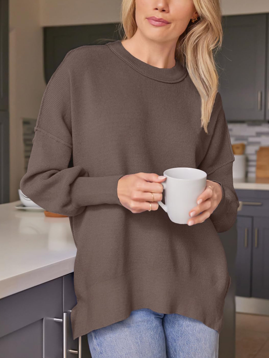 Blue Zone Planet | Slit Round Neck Dropped Shoulder Sweater-TOPS / DRESSES-[Adult]-[Female]-Chocolate-S-2022 Online Blue Zone Planet