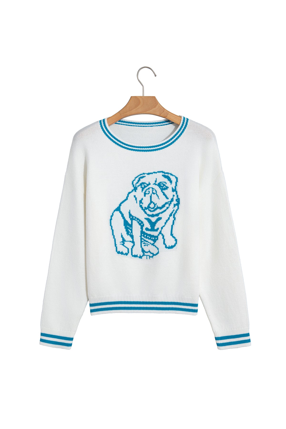 Light Blue Bulldog Contrast Trim Round Neck Casual Sweater-TOPS / DRESSES-[Adult]-[Female]-2022 Online Blue Zone Planet