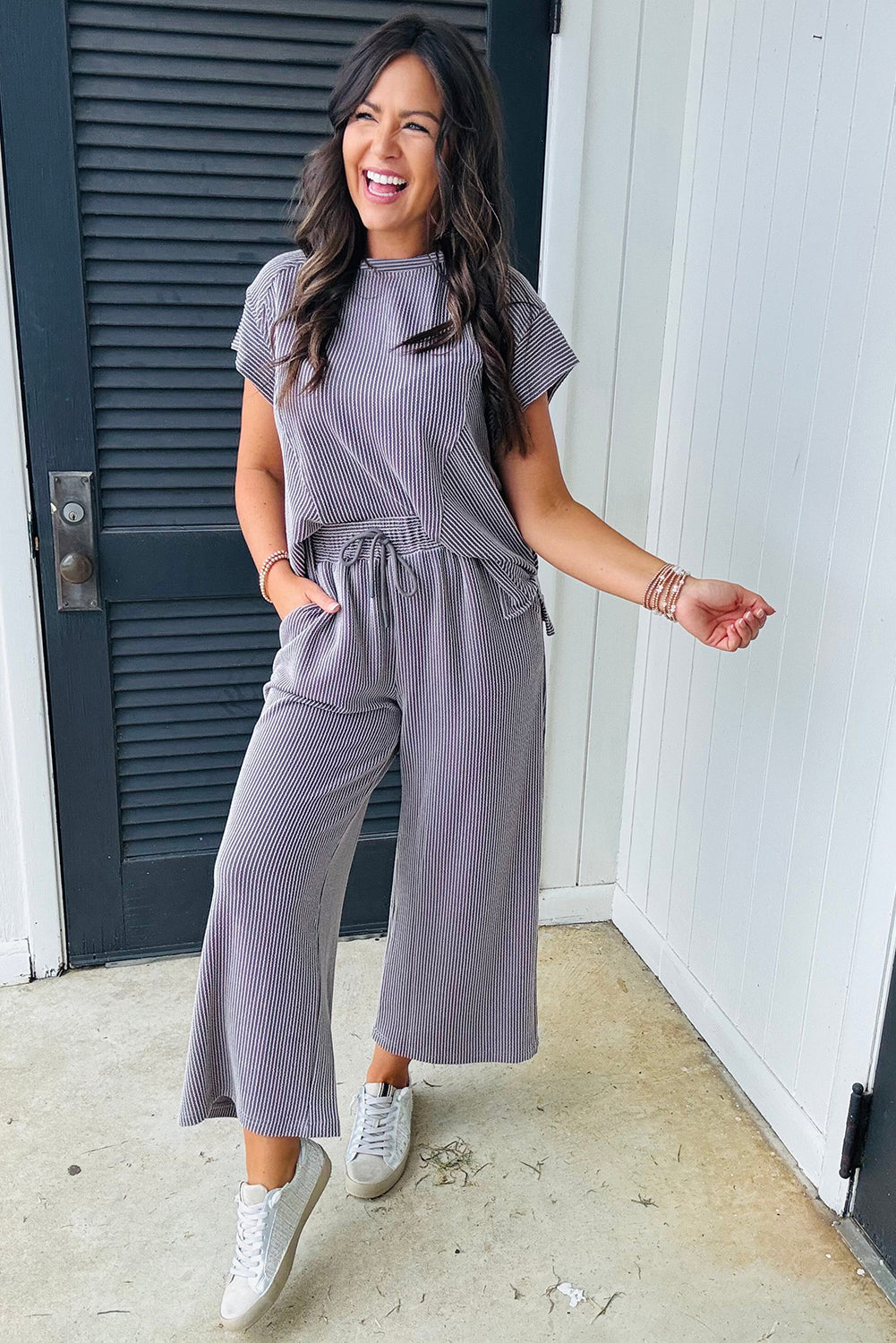 Wild Wind Solid Corded Short Sleeve T Shirt and Wide Leg Pants Set-Two Piece Pants Sets-[Adult]-[Female]-2022 Online Blue Zone Planet