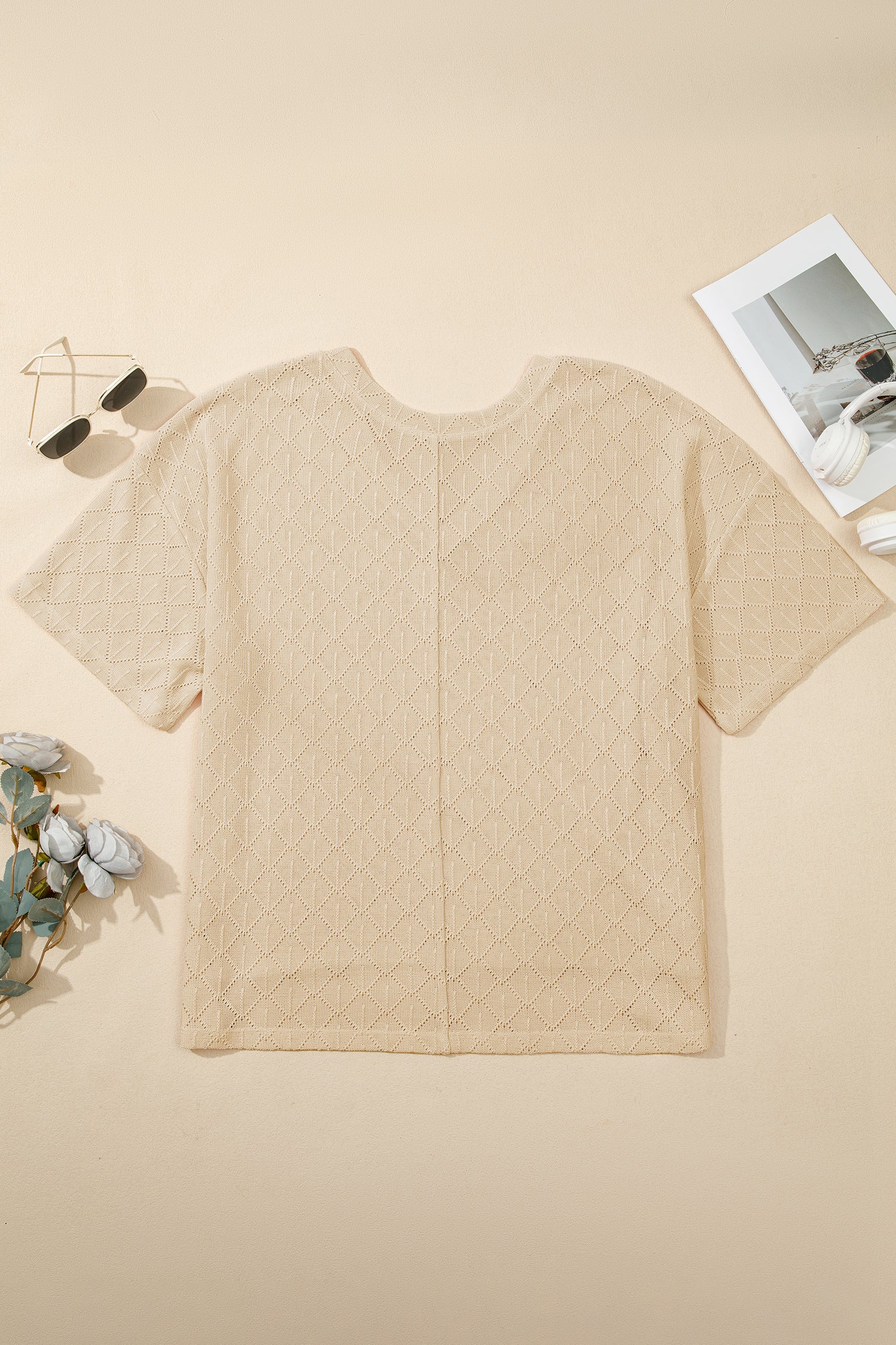 Golden Fleece Pointelle Rhombus Knit Plus Size V Neck Loose Top-Plus Size/Plus Size Tops/Plus Size Tops & Tees-[Adult]-[Female]-2022 Online Blue Zone Planet