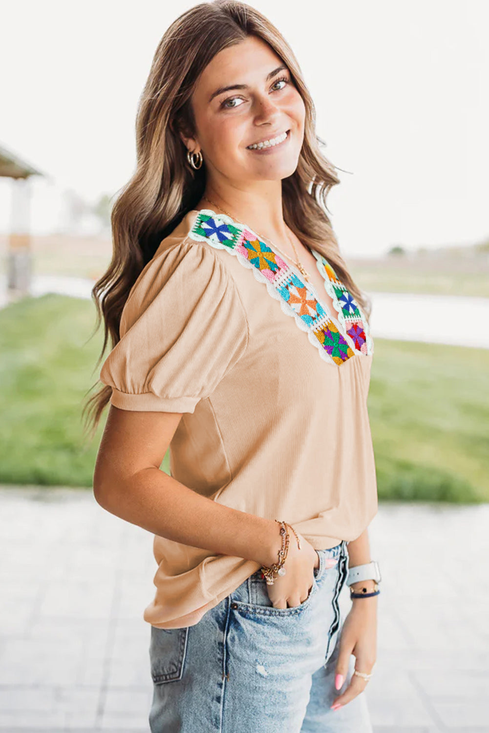 Pale Chestnut Crochet Floral V Neck Textured Short Sleeve Blouse-Tops/Blouses & Shirts-[Adult]-[Female]-2022 Online Blue Zone Planet