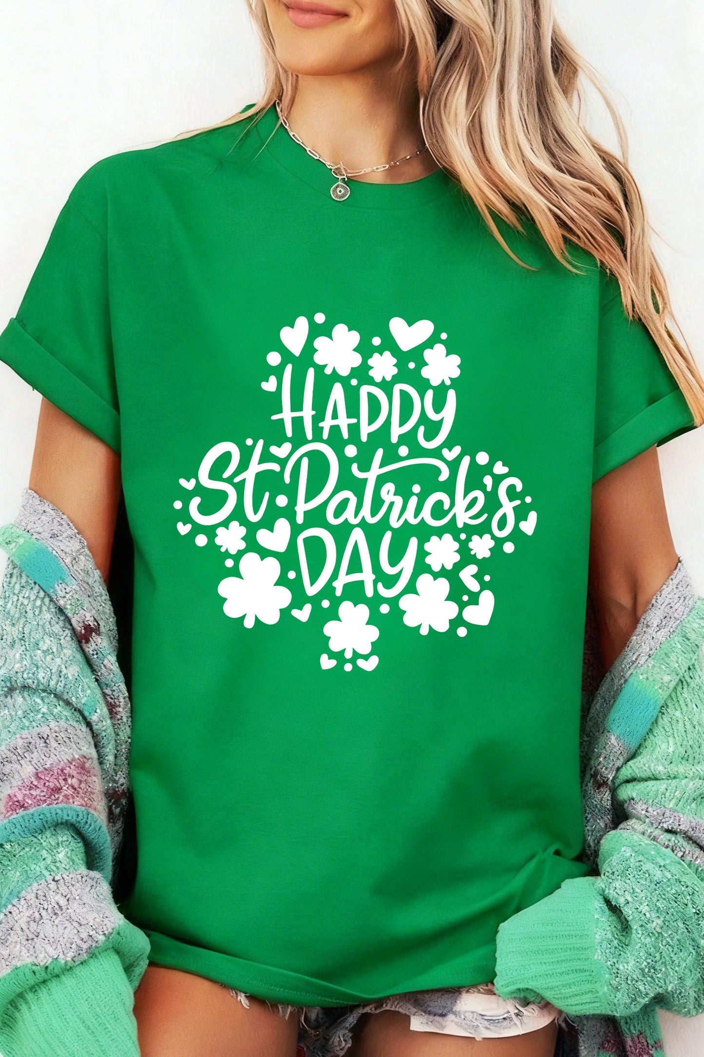 Bright Green Happy St Patricks Day Clover Printed Casual T Shirt-Graphic/Graphic Tees-[Adult]-[Female]-Bright Green-S-2022 Online Blue Zone Planet