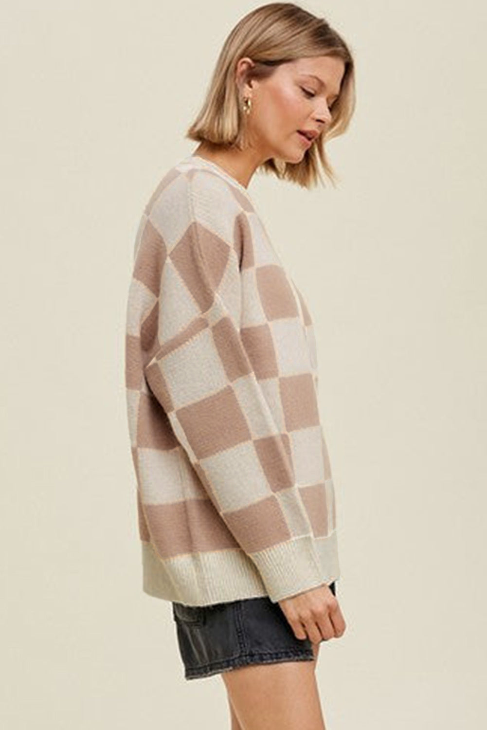 Parchment Checkered Pattern Ribbed Trim Knit Baggy Sweater-TOPS / DRESSES-[Adult]-[Female]-2022 Online Blue Zone Planet