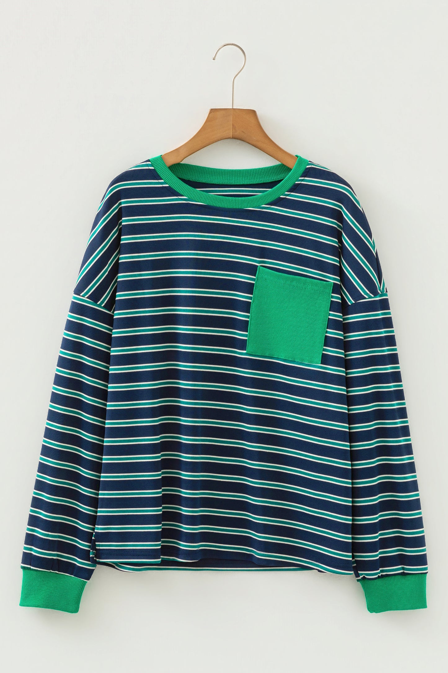 Green Stripe Ribbed Color Block Patchwork Crew Neck Patch Pocket Long Sleeve Top-Tops/Long Sleeve Tops-[Adult]-[Female]-2022 Online Blue Zone Planet