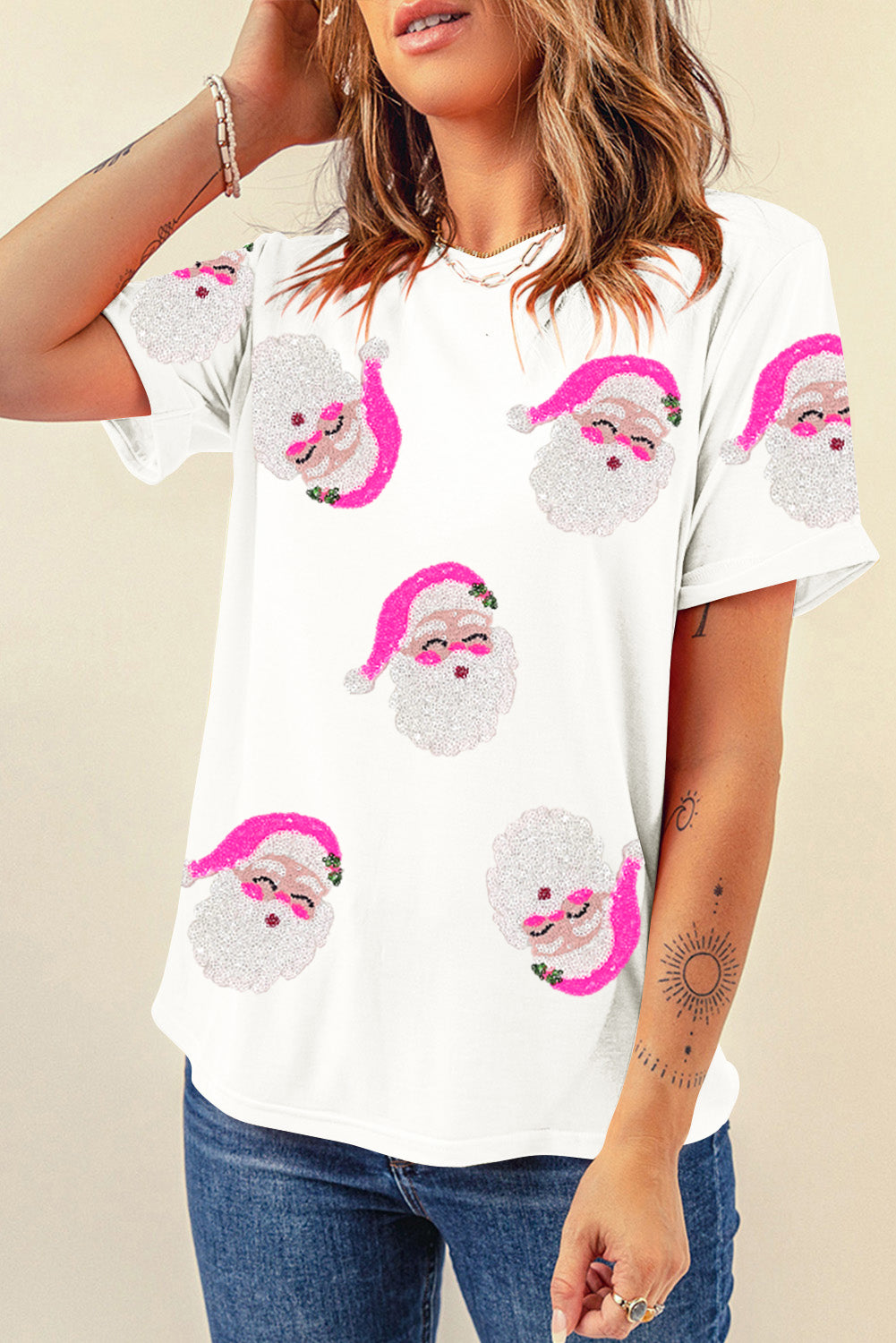 Blue Zone Planet | White Sequin Santa Clause Pattern Funny Christmas T Shirt-Graphic/Graphic Tees-[Adult]-[Female]-2022 Online Blue Zone Planet