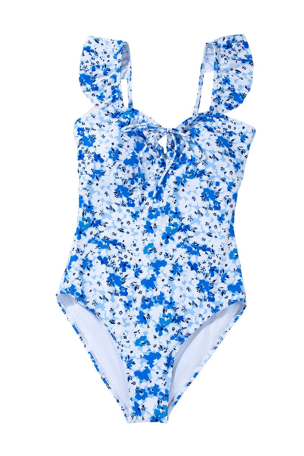 Blue Floral Ruffled Strap Lace Up Hollow Out One Piece Swimsuit-One-Piece-[Adult]-[Female]-2022 Online Blue Zone Planet