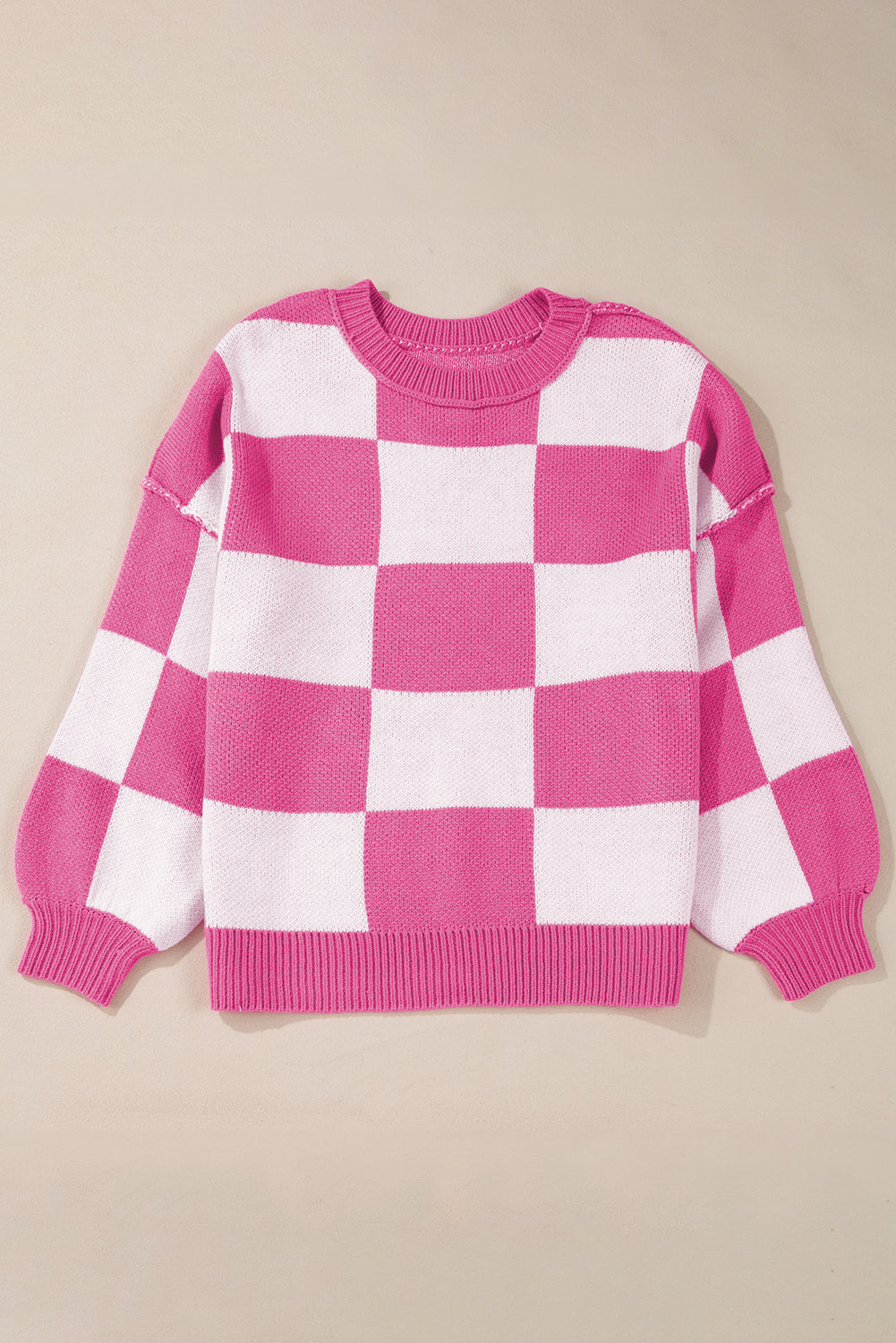 Blue Zone Planet | Pink Checked Bishop Sleeve Pullover Sweater-Sweaters-[Adult]-[Female]-2022 Online Blue Zone Planet