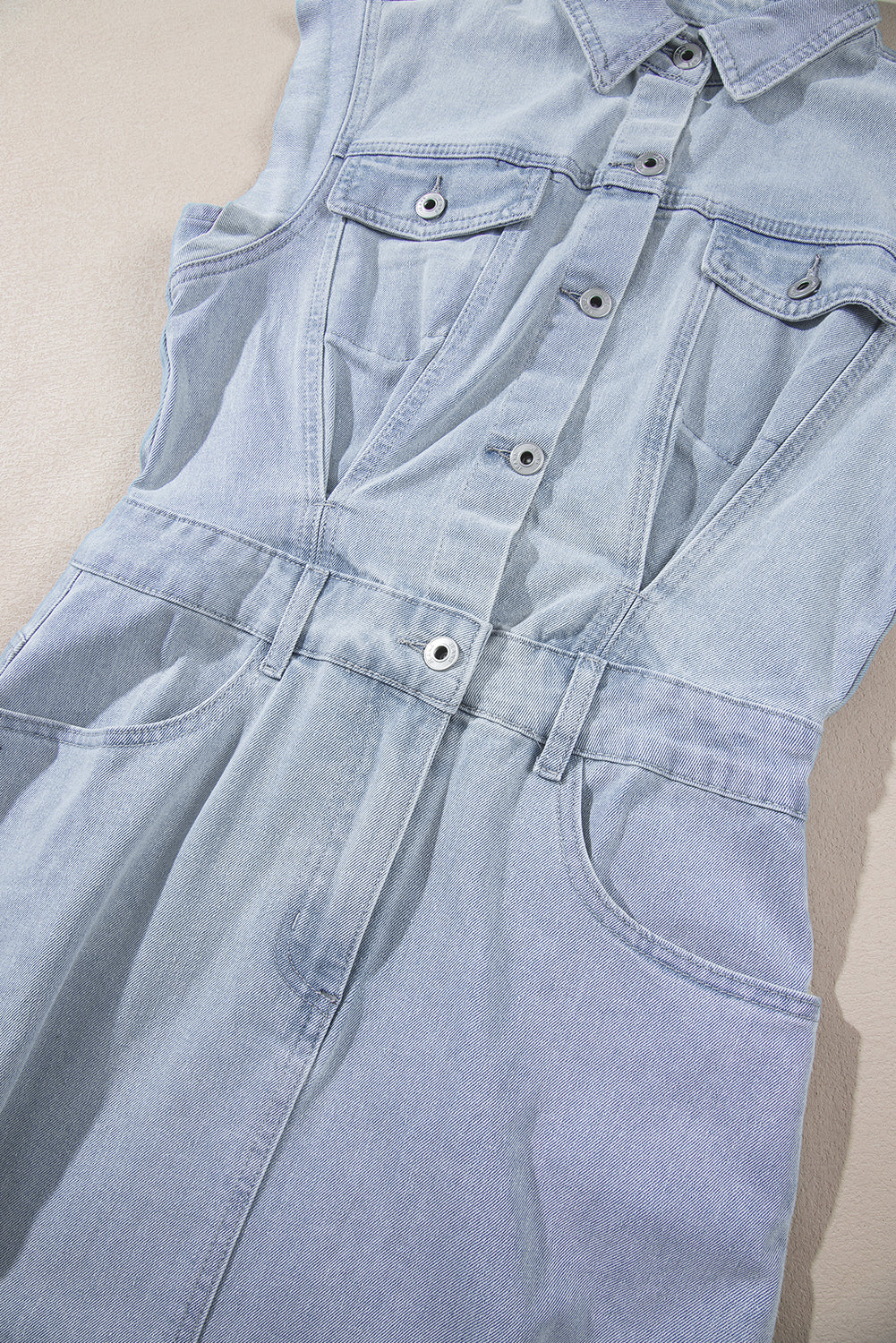 Blue Zone Planet | Light Blue Acid Wash Flap Pockets Frayed Denim Dress-TOPS / DRESSES-[Adult]-[Female]-2022 Online Blue Zone Planet