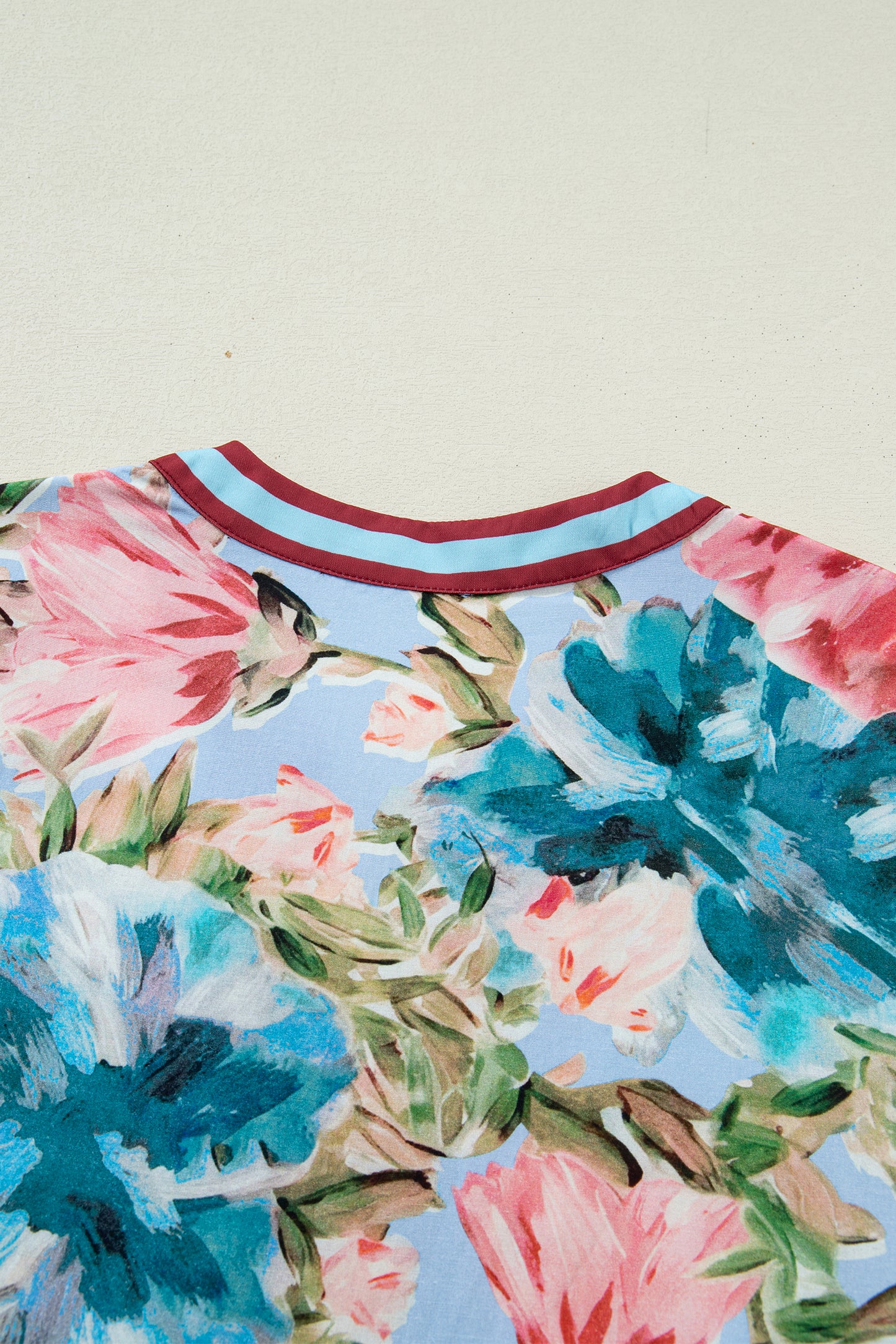 Sky Blue Contrast Trim V Neck Cuffed Bracelet Sleeve Floral Blouse-Bracelet-[Adult]-[Female]-2022 Online Blue Zone Planet