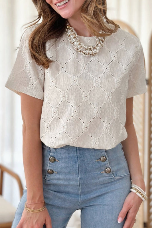 White Geometric Embroidered Slim Fit O Neck T Shirt-Tops/Tops & Tees-[Adult]-[Female]-White-S-2022 Online Blue Zone Planet