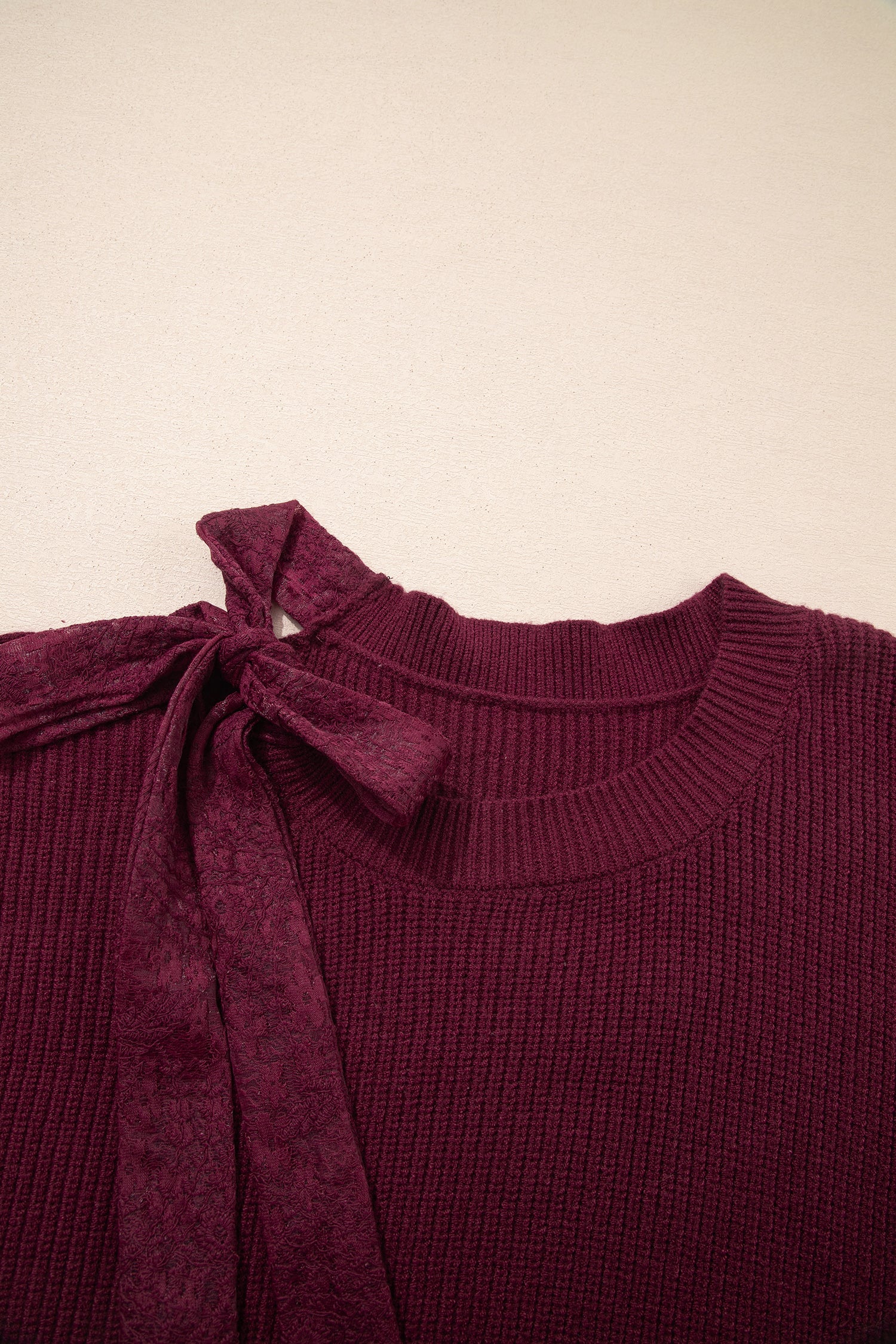 Burgundy Lace Bowknot Asymmetric Neck Sweater-TOPS / DRESSES-[Adult]-[Female]-2022 Online Blue Zone Planet