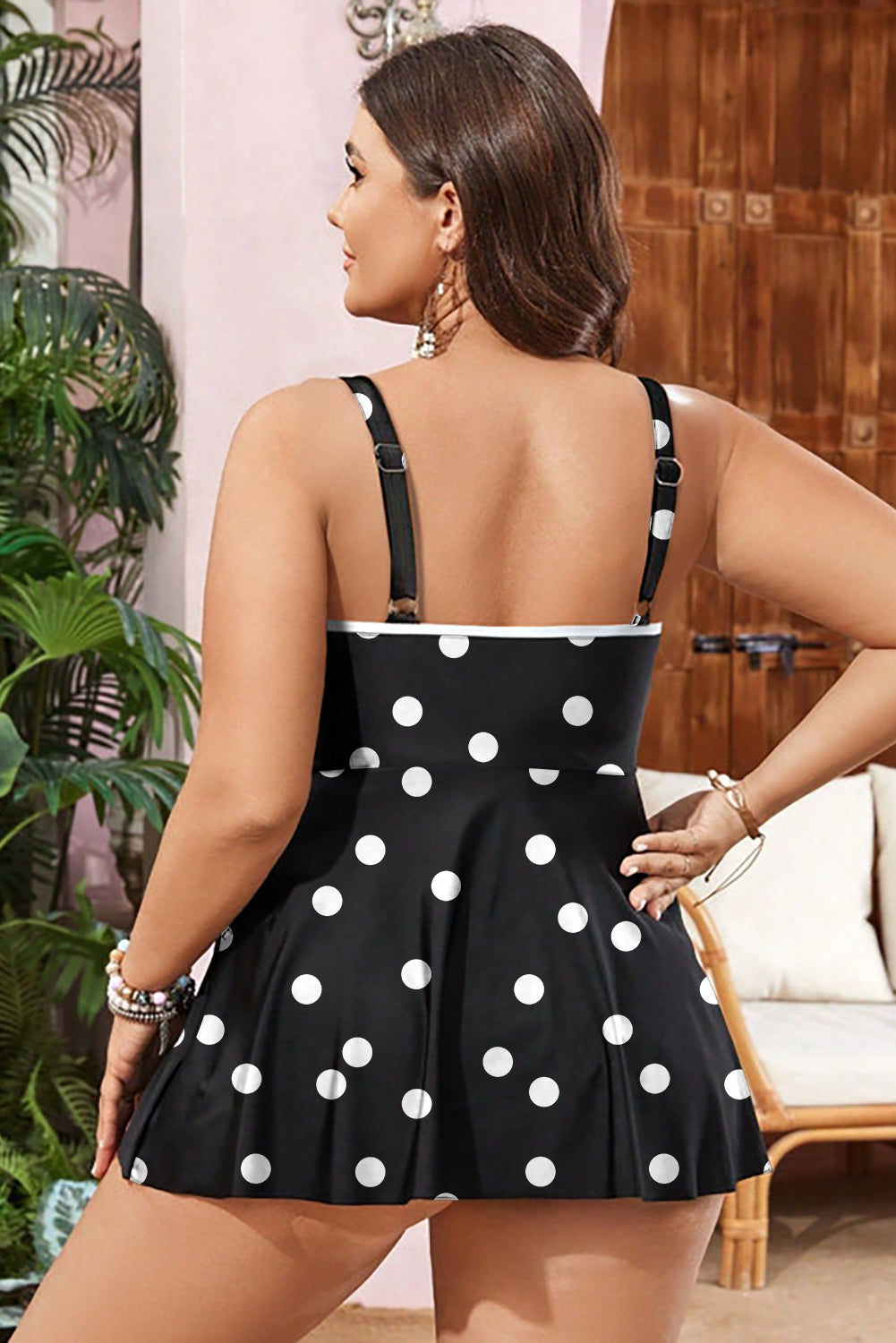 Black Polka Dot/Colorblock Trim V Neck Plus Size Swim Dress-TOPS / DRESSES-[Adult]-[Female]-2022 Online Blue Zone Planet