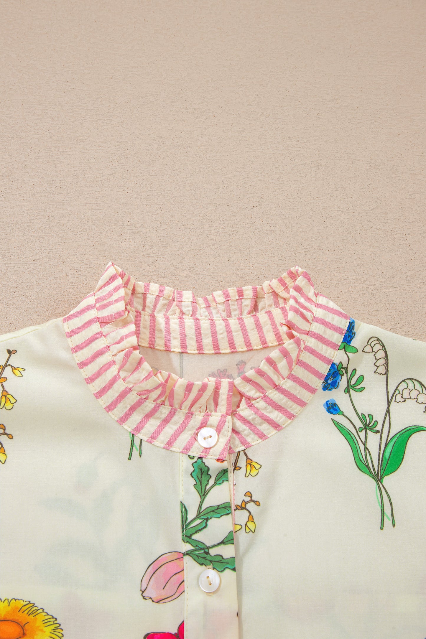 Beige Floral Striped Patchwork Ruffled Collar Short Sleeve Shirt-Tops/Blouses & Shirts-[Adult]-[Female]-2022 Online Blue Zone Planet