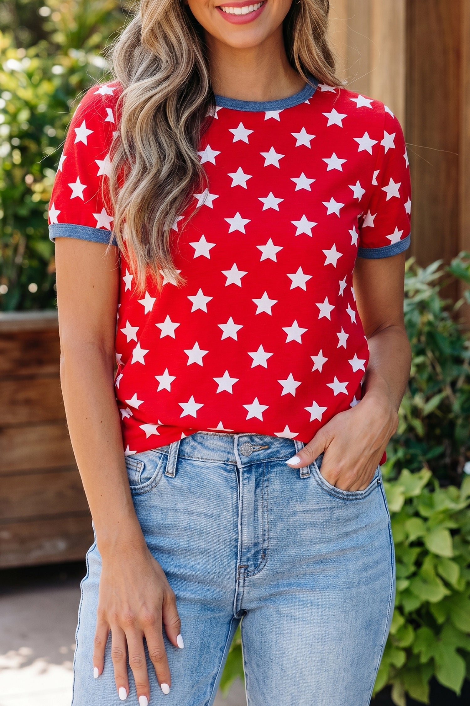 Red Stars Print Colorblock Binding Tape Collar Cuff Viscose Tunic Top-Tops/Tops & Tees-[Adult]-[Female]-2022 Online Blue Zone Planet