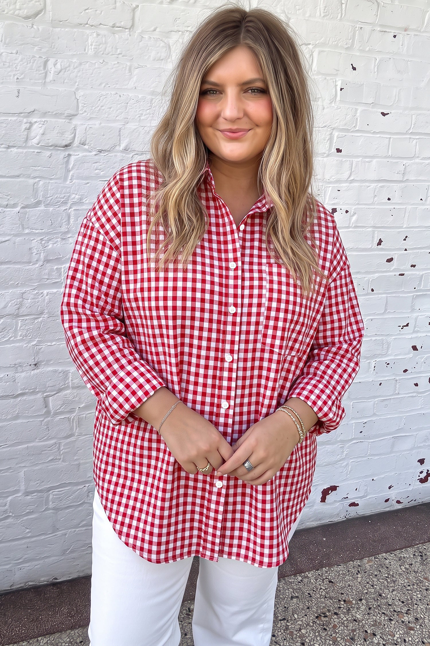 Red Plaid V Neck Long Sleeve Tunic Loose Fit Plus Size Shirt-Plus Size/Plus Size Tops/Plus Size Blouses & Shirts-[Adult]-[Female]-2022 Online Blue Zone Planet
